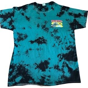 Outer Banks NC Teal and Black Tie-Dye Graphic Tee T-Shirt Size Medium